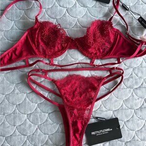 PrettyLittleThing Red Lace Strappy Bra & Thong Set